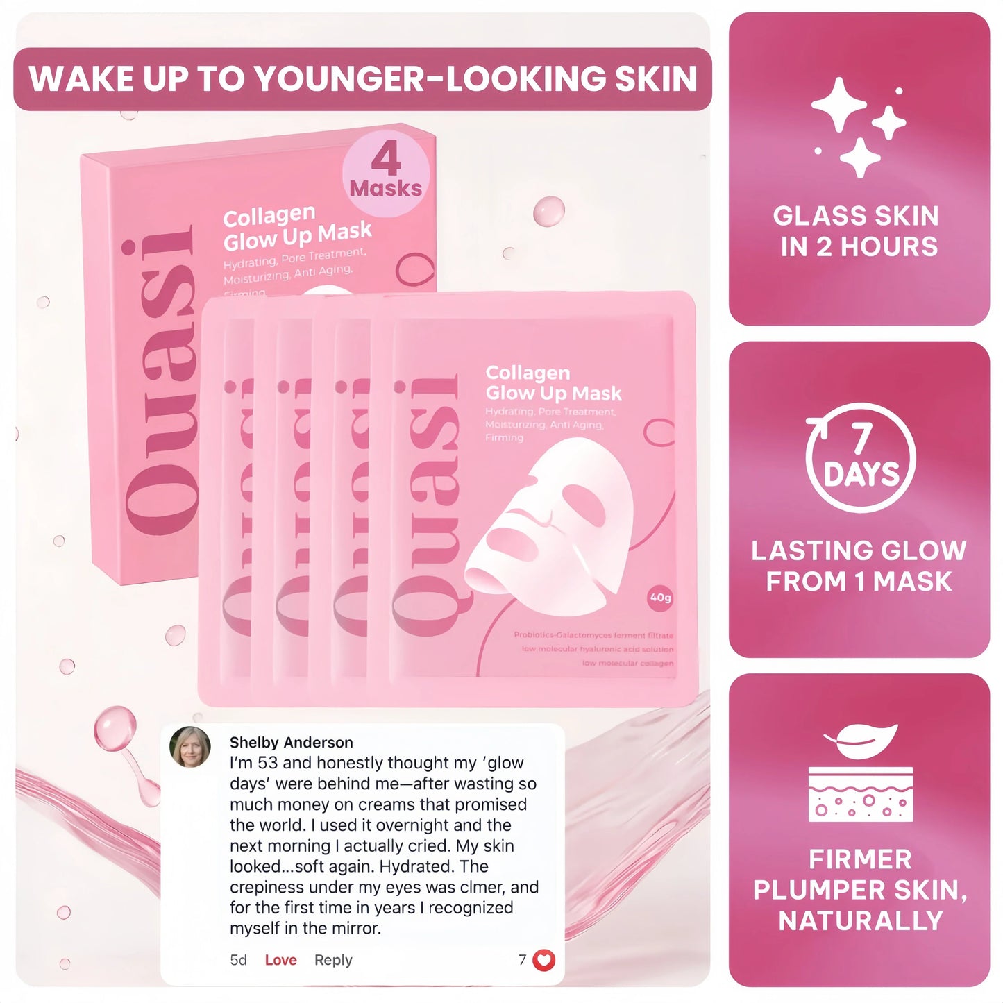 Quasi Bio-Collagen Face Mask Overnight – Hydrating Korean Sheet Mask – Niacinamide & Low Molecular Collagen – Firming & Smoothing Skincare for All Skin Types – 4 Masks